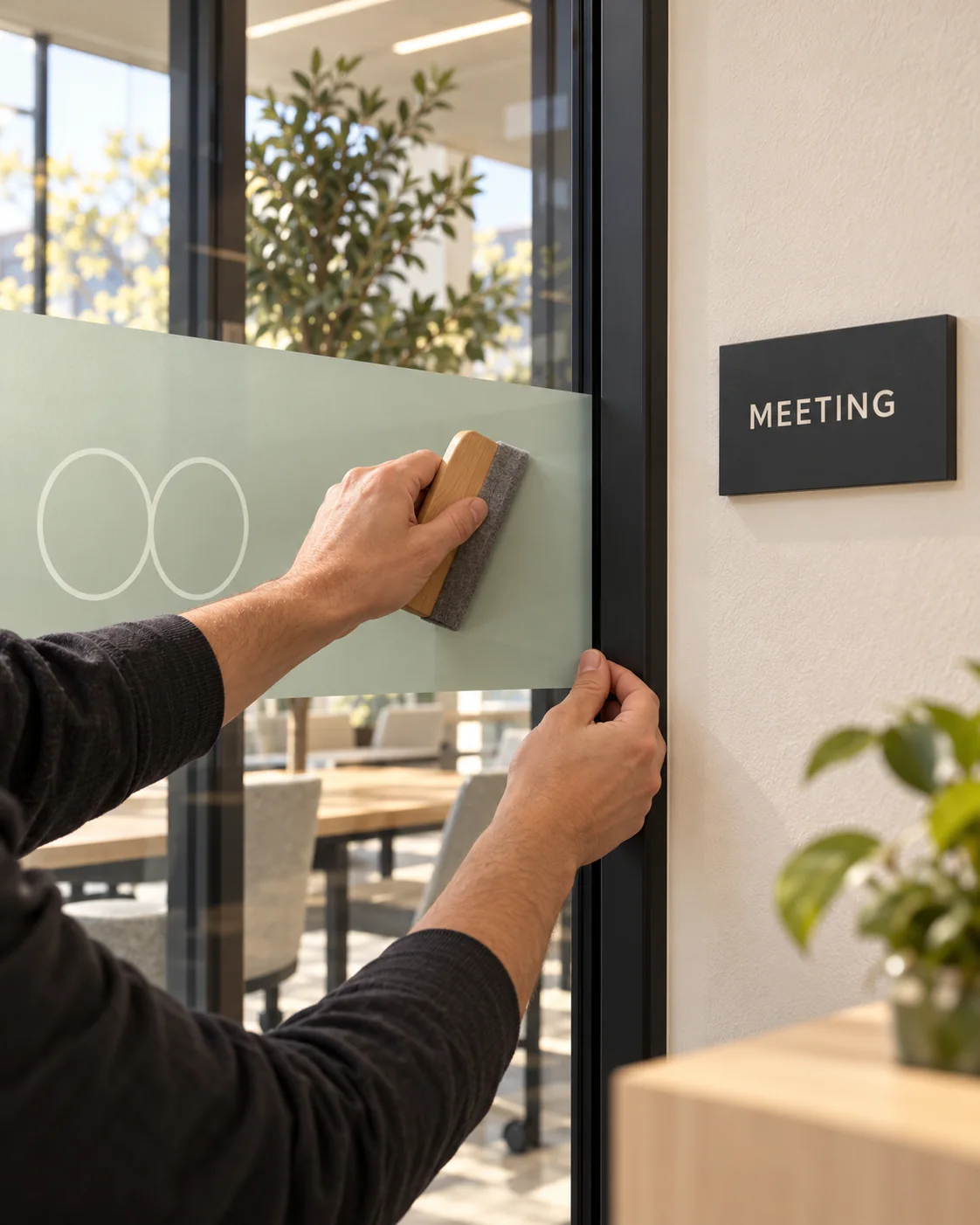 Application study of frosted glass branding being aligned beside a dimensional meeting-room sign.