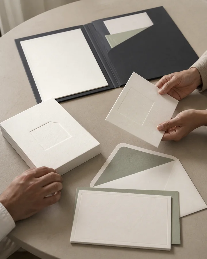 Print suite concept with ivory cards, a charcoal folder and sage-lined envelopes at a meeting table.